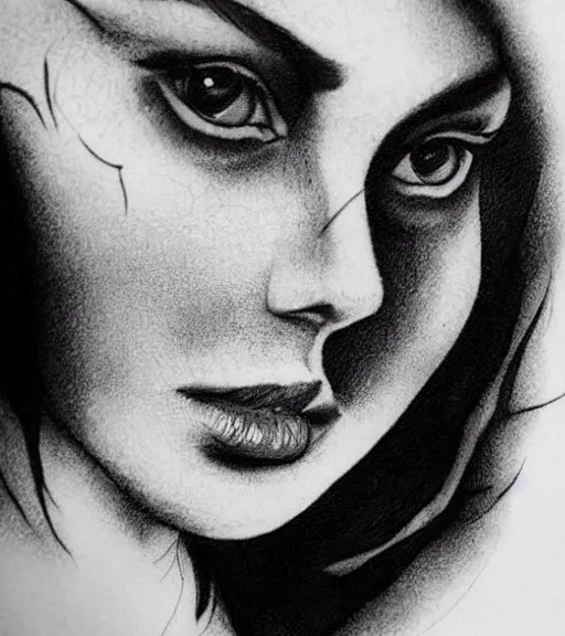 Image similar to amazing blend effect of beautiful mountain scenery with a beautiful woman face, tattoo design sketch, hyper - realistic, in the style of matteo pasqualin, amazing detail, black and white, abstract