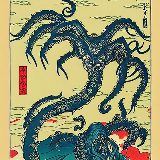 Prompt: big cthulhu attack, ukiyo - e style