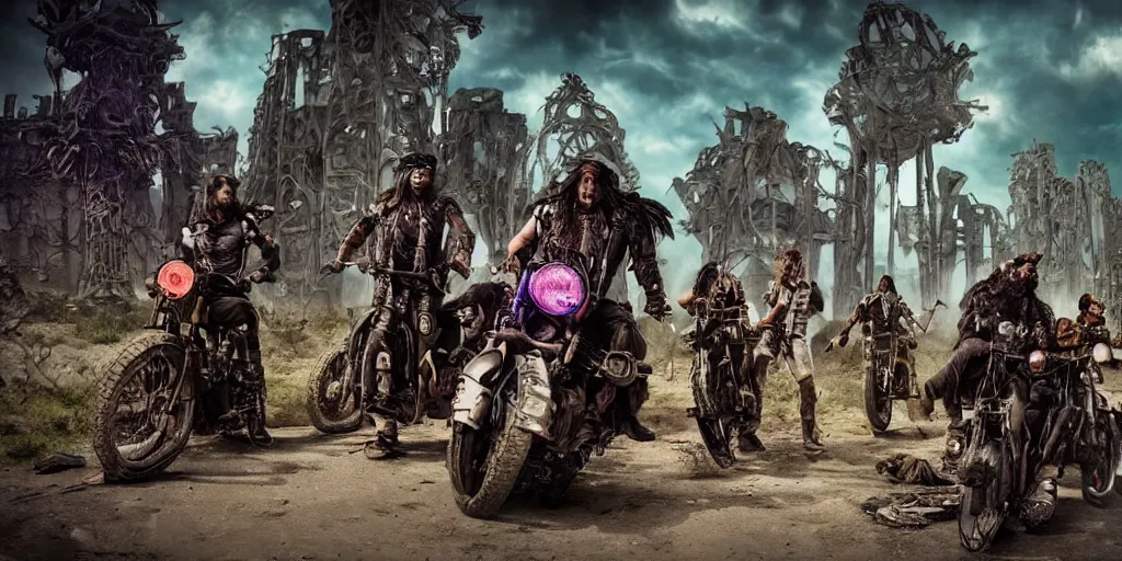 Image similar to psychedelic post apocalyptic orcish biker gang in front of scifi city ruins, sharp focus, cinematic shot, psychedelic colors