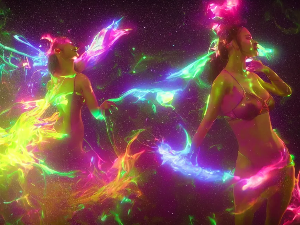 Prompt: a hyperrealistic portrait render of a beautiful woman dancing and squirting fluorescent liquid in the cosmos, unreal engine 8k, by sana takeda