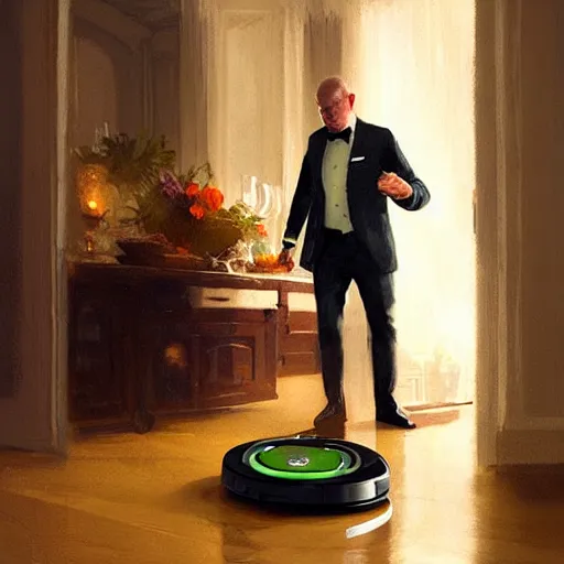 Image similar to A humble roomba butler attempts to serve food to guests at a fancy houseparty, 4k, trending on Artstation, art by Greg Rutkowski