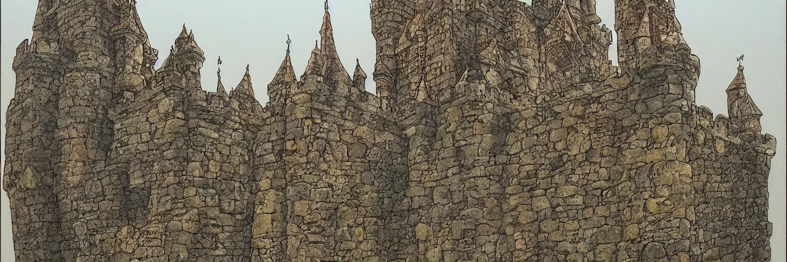 Prompt: castle walls by mike ploog, complex stonework, ramparts, bulwarks, granite architecture, iron and stone color scheme, engraving, towering castle, ralph bakshi, satoshi kon, funimation