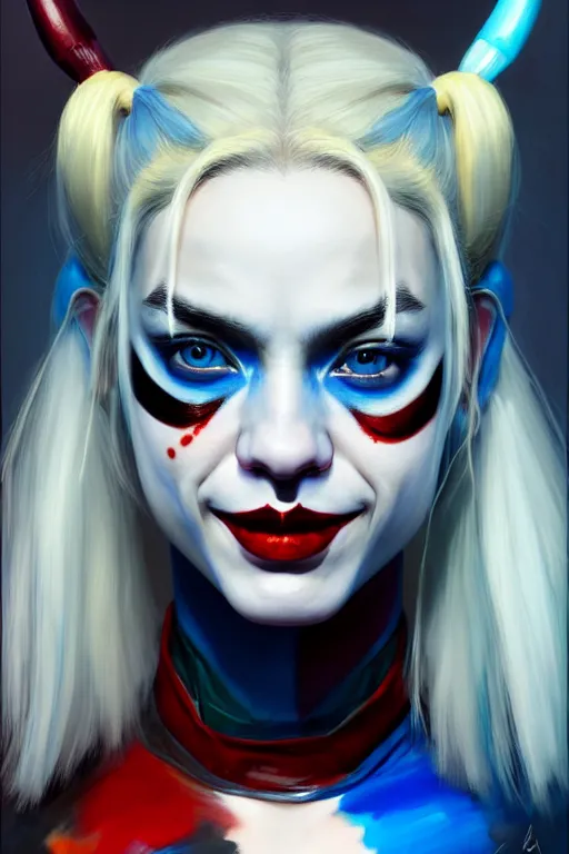 Image similar to ultra detailed half body portrait of harley quinn, blue eyes, sharp bone structure, extremely detailed digital painting, in the style of fenghua zhong and ruan jia and jeremy lipking and peter mohrbacher, mystical colors, rim light, beautiful lighting, 8 k, stunning scene, raytracing, octane, trending on artstation