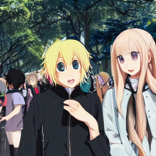 Image similar to blonde - haired princess, anime princess, wearing black jacket and white leggings, looking through crowd, town street, festival street, trees, green trees, blue lighting, blue sunshine, strong lighting, strong shadows, vivid hues, ultra - realistic, sharp details, subsurface scattering, intricate details, hd anime, 2 0 1 9 anime