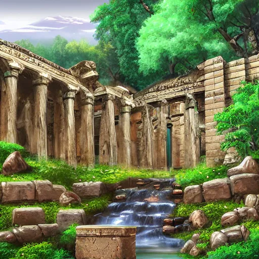 Prompt: ancient ruins and waterfalls, digital art,trending on art station