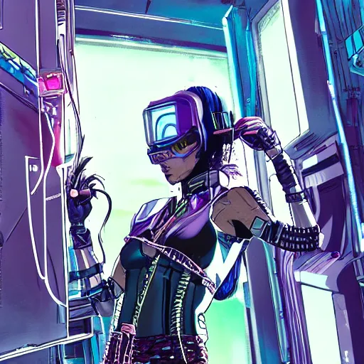 Image similar to Cyberpunk princess doing some wire fix on her gauntlet, anime concept art by Tomoyuki Yamasaki