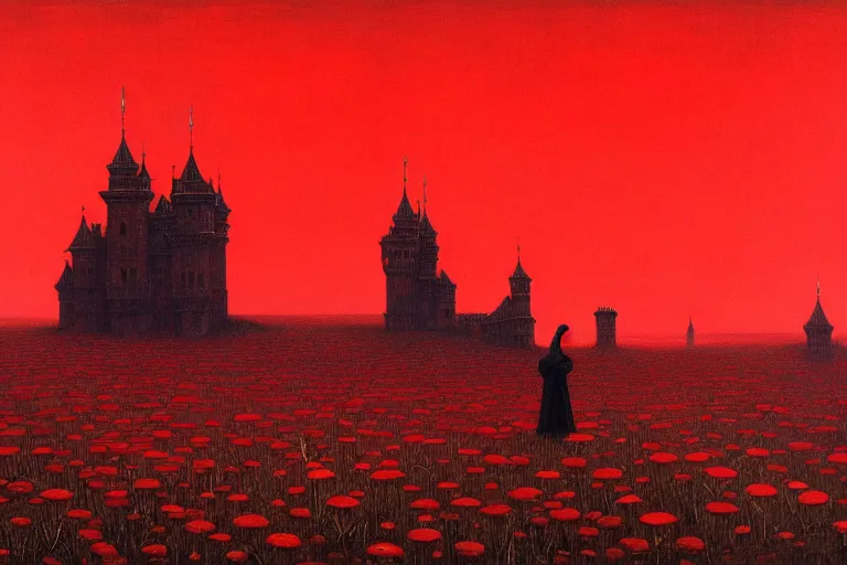 Image similar to only with red, red flowers of different types, red castle in background, red medieval goblins, in the style of beksinski, parts by edward hopper, parts by rodcenko, parts by yue minjun, intricate and epic composition, red by caravaggio, insanely quality, highly detailed, masterpiece, red light, artstation, 4 k