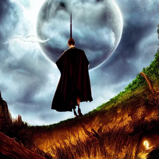 Image similar to Harry potter upright and levitating , back view, thunderclouds, cinematic shot, epic scale, waving robe movement, wand, photorealistic detail and quality, intricate ground stone, movie still, nighttime, crescent moon, sharp and clear, action shot, intense scene, visually coherent, symmetry, rule of thirds, movement, vivid colors, cool colors transitioning to warm colors, award winning, directed by Steven Spielberg, Christopher Nolan, Tooth Wu, Asher Duran, Greg Rutkowski