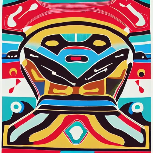 Image similar to tlingit haida lithographic, 3 / 4 portrait of havanese dog, simplified forms, multiple colors, print by tristan - wolf reg davidson clifton guthrie maynard johnny jr.