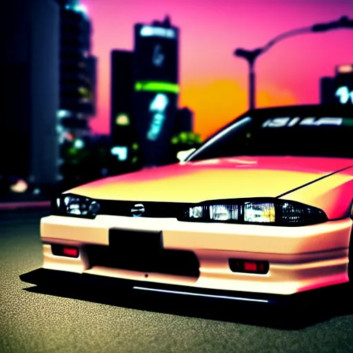 Image similar to a car Nissan Silvia at illegal car meet, Shibuya prefecture, city sunset, cinematic color, photorealistic, highly detailed