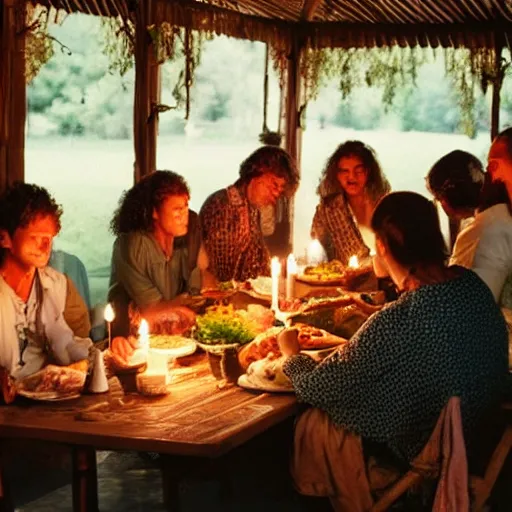 Image similar to a bohemian group of people performing rich meal by candlelight on the veranda among the greenery in summer