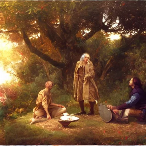 Image similar to a close - up photo of isaac newton offering a half eaten apple to steve jobs under the tree of knowledge, artwork by gaston bussiere, craig mullins, trending on artstation