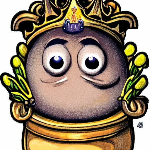 Image similar to a cartoon style bean with eyes and a mouth, holding a staff, wearing kings crown, cartoon, white background, art, cartoon realism,