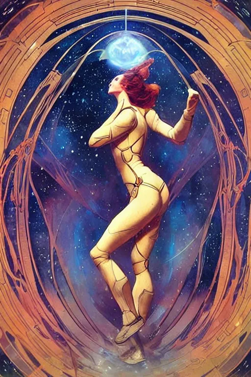 Image similar to “big chaotic beutiful and open space with many stars and space battleship far away in the horizon, woman in futuristic spacesuit that revealing her beautiful fit body, pointing to the space battleship, in the style of Gaston Bussière, art nouveau”