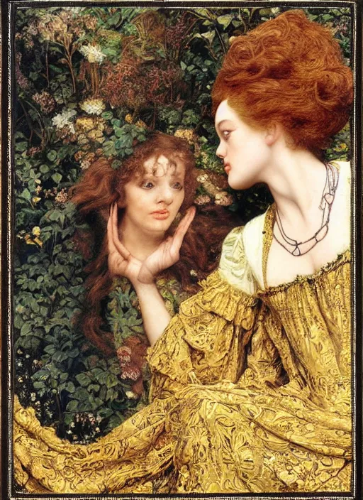 Prompt: masterpiece of intricately detailed preraphaelite photography portrait face hybrid of judy garland and a hybrid of shelley duvall and flo perry, sat down in train aile, inside a beautiful underwater train to atlantis, betty page fringe, medieval dress yellow ochre, by william morris ford madox brown william powell frith frederic leighton john william waterhouse hildebrandt