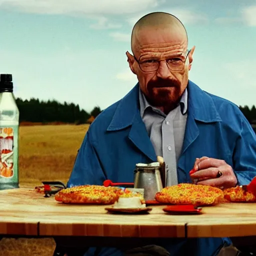 Prompt: walter white eating spicy hamburgers, in the trailer park, 4 k, uhd, rich moody colors by annie leibovitz