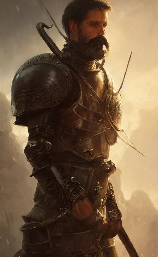 Prompt: Portrait of a middle-aged knight with a bushy moustache, male, detailed face, fantasy, highly detailed, cinematic lighting, digital art painting by greg rutkowski