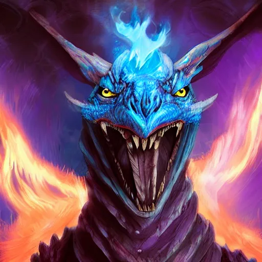 Image similar to a blue dragonborn with half of his face flaming with blue flame standing in a big cave, digital art