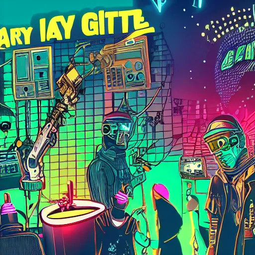 Image similar to Party in de ghetto, cybersteampunk, cartooncore, synthwave