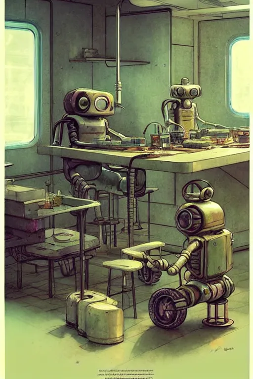 Prompt: childrens book panel creative layout ( ( ( ( ( 1 9 5 0 s retro future robot lab interior. muted colors. ) ) ) ) ) by jean - baptiste monge!!!!!!!!!!!!!!!!!!!!!!!!!!!!!!