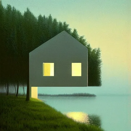 Prompt: painting by by Quint Buchholz, atmospheric cozy futuristic organic white concrete house in the middle of a lush and dense forest at night, a beautiful lake next to it, night time, night sky, starry night sky, by Quint Buchholz