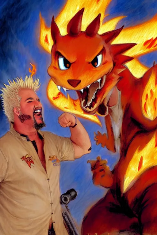 Prompt: guy fieri with a charizard painting by gaston bussiere, craig mullins