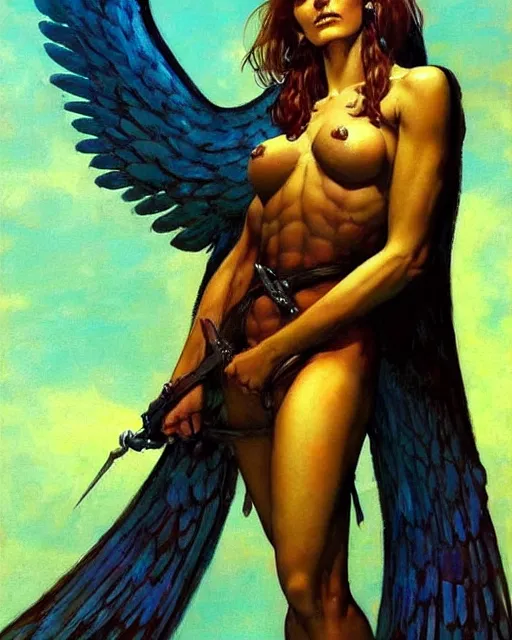 Image similar to portrait of frail and pale female peace angel full - body, beautiful! scenery art!! coherent! by frank frazetta, by brom, strong line, vivid neon color, artstation / pixiv!! elegantly armored angel portrait full - body