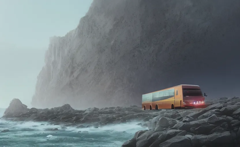 Image similar to exterior traveling greyhound bus circa 2 0 1 5, directed by charlie kaufman ( 2 0 0 1 ) anamorphic lenses, a rocky shore in the foreground, foggy volumetric light morning, a beam of light from the heavens, cinematic trending on artstation in the style of greg rutkowski