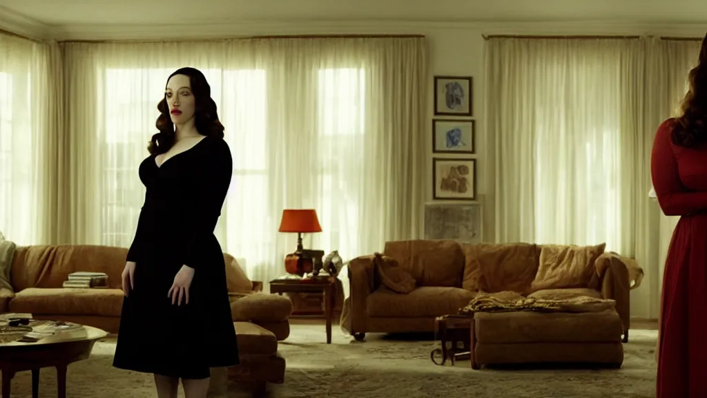 Image similar to Kat Dennings standing in the living room, film still from the movie directed by Denis Villeneuve with art direction by Salvador Dalí, wide lens, 4K, realistic