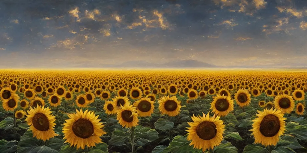 Image similar to Hyper realistic oil painting of an endless sunflower field, high contrast, deep and bright colors, blue skies, cinematic, by greg rutkowski