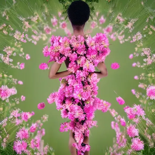 Image similar to realistic photo human body made of pink wild flowers