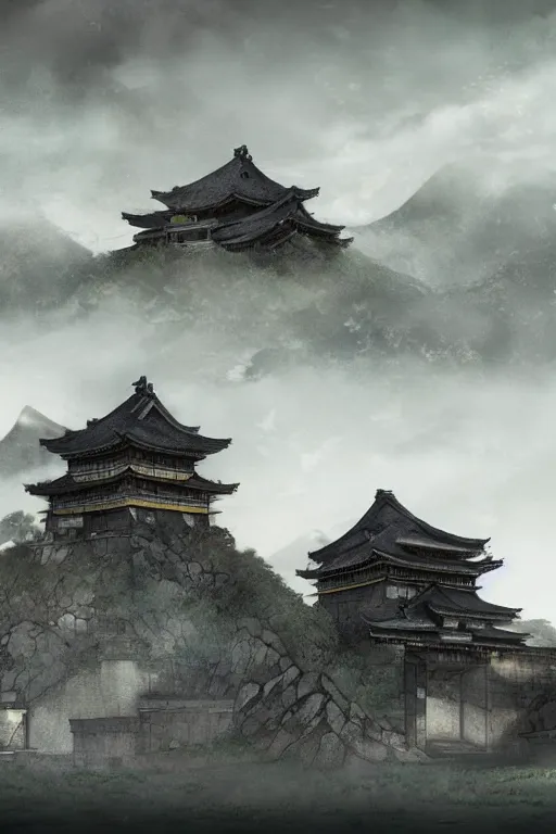 Image similar to detailed digital painting of old, ruined, japanese fort from sengoku period, overcast weather, environment concept art, photobash, overcast weather, unreal engine render, nanite