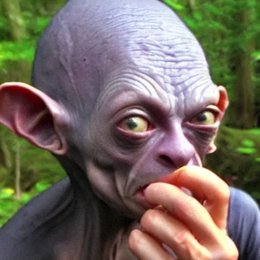 Prompt: gollum smokes cig trail cam footage