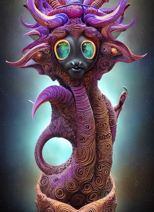 Prompt: a surreal portrait statue of a mystic goat figure by naoto hattori, android jones, and chris dyer, deep bold colors, galactic entity, depth of field, intricate beautiful painting, billions of details, octane render, portal, 8 k, detailed vector, trending on artstation, cgisociety, wow!!!!!!