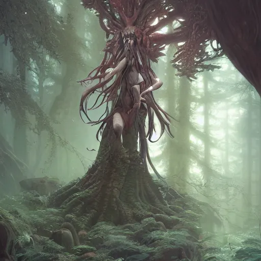 Image similar to highly detailed creepy forest humanoide creature in robes, stephen bliss, unreal engine, fantasy art by greg rutkowski, loish, rhads, ferdinand knab, makoto shinkai and lois van baarle, ilya kuvshinov, rossdraws, tom bagshaw, global illumination, radiant light, detailed and intricate environment