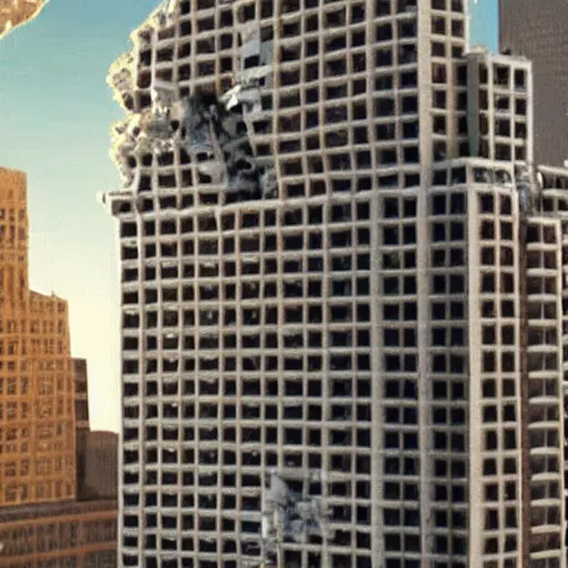 Prompt: every skyscraper in Manhattan collapsing like dominoes hyper realistic cgi art