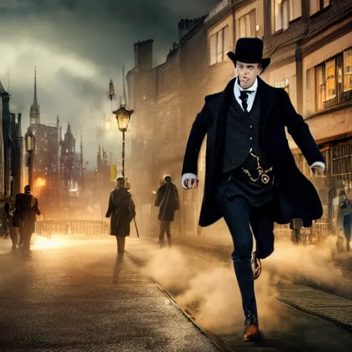 Image similar to [UHD candid photo of Sherlock Holmes running down the streets of futuristic steampunk London, correct face, accurate details, graphic detail, sharp focus by Annie Leibowitz]