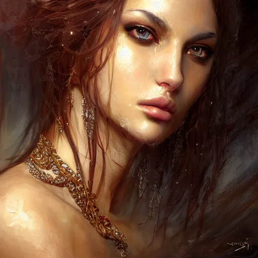 Prompt: oil painting portrait of a beautiful woman, 3 0 years old, fractal, intricate, elegant, highly detailed, parallax, leica, subsurface scattering, by luis royo and greg rutkowski, warm colors