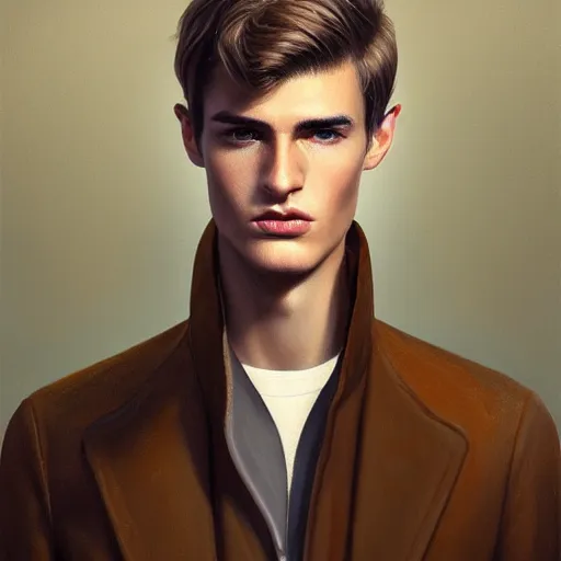 Image similar to tall man in his twenties with brown blond short quiff hair and thin slightly round facial structure with cleft chin, straight eyebrows and prominent nose, good definition of cheekbones, big hazel nut brown eyes, narrow face, slim body, atmospheric lighting, painted, intricate, 4 k, highly detailed by charlie bowater