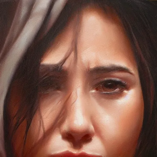 Image similar to perfect, realistic oil painting of close-up Spanish woman face, tears, sadness , by Sakimichan, by an American professional senior artist, Hollywood concept, dynamic composition and motion, postproduction.