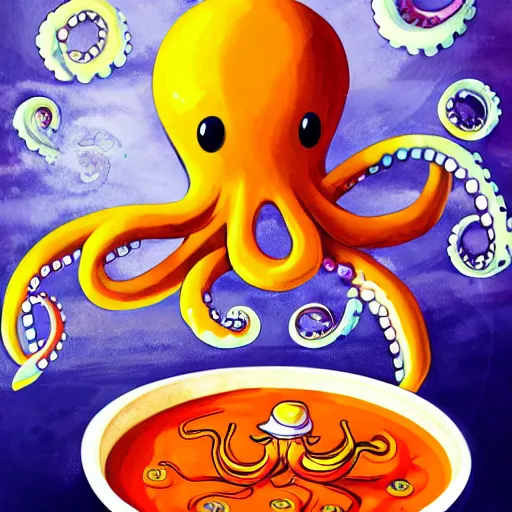 Prompt: occult anthropomorphic octopus chef cooking a delicious colorful soup, digital paintingl