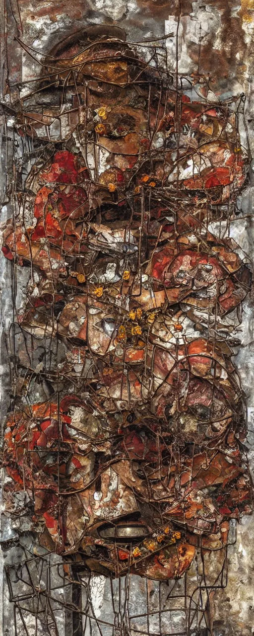 Prompt: an abstract painting of rusted metal and flowers, by Anselm Kiefer and Lucian Freud, rust, Scaffolding, iron cladding, decay, mixed media, textured, anatomically correct, beautiful perfect face, sharp focus, Highly Detailed