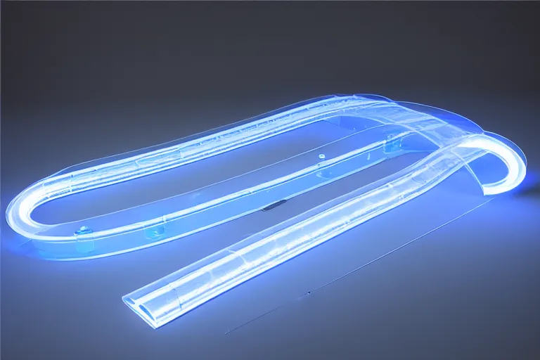 Prompt: transparent long clear dark blue plastic hyperloop pipe conveyorbelt glowing in the dark
