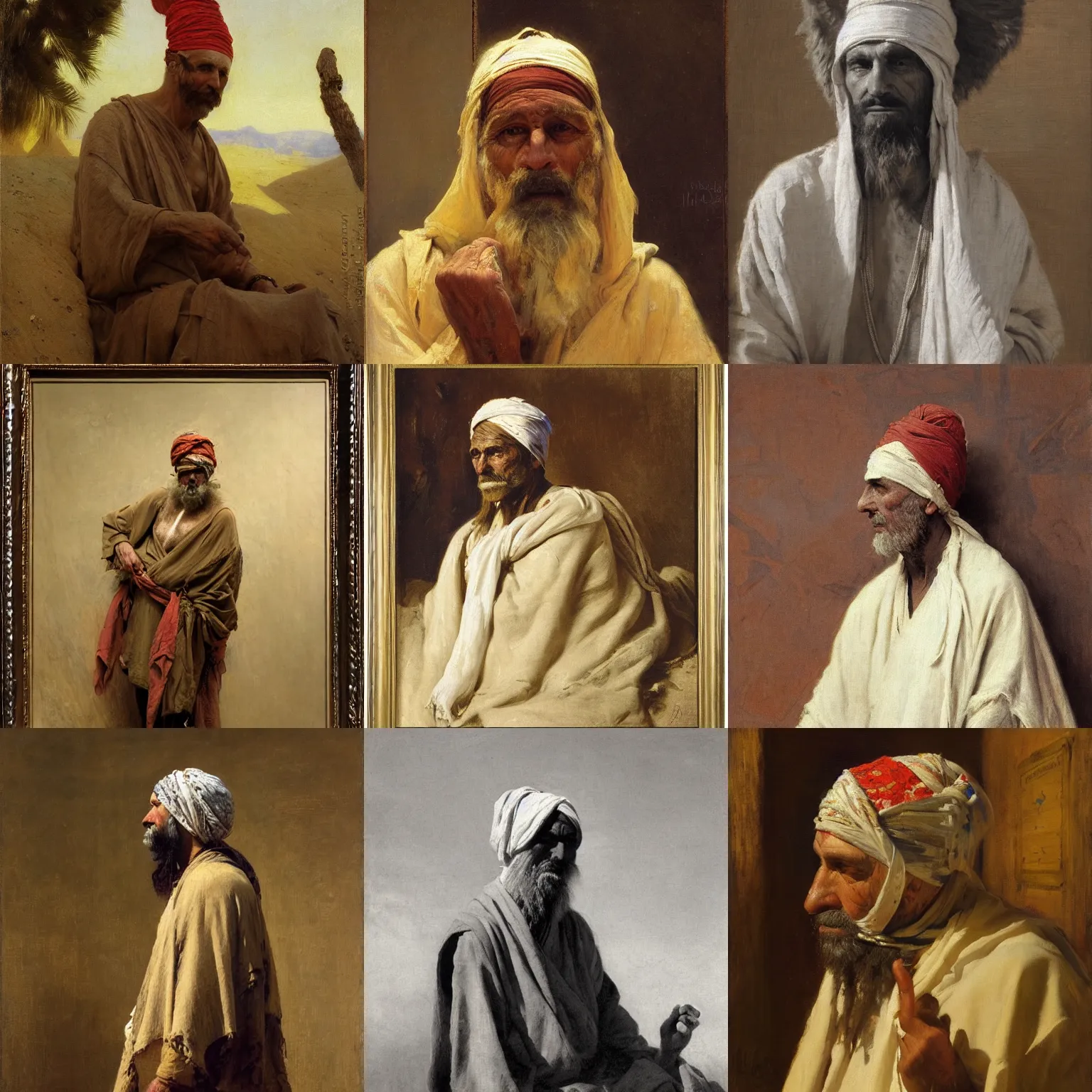 Prompt: orientalism painting of an aged desert druid wearing wrapped head to toe in bandages by theodore ralli and nasreddine dinet and anders zorn and nikolay makovsky and edwin longsden long, oil on canvas, masterful intricate artwork, excellent lighting, high detail 8 k