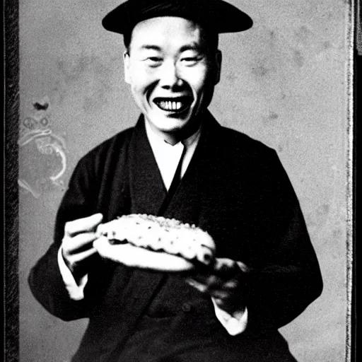 Prompt: a photo of a happy man from qing empire holding and eating a hamburger, award winning photo, high quality, 1 9 century photo, black and white