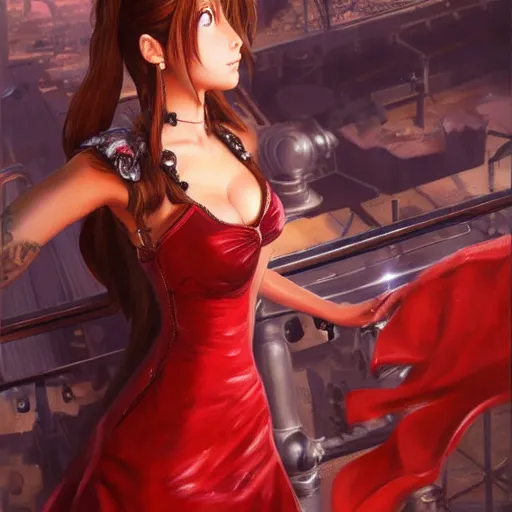 Prompt: oil painted portrait of aerith gainsborough from from final fantasy 7 in her signature red dress with the steam punk city midgard as backdrop, by master artist yoshitaka amano trending on artstation