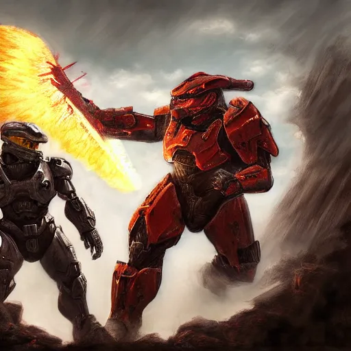 Prompt: beautiful realistic fantasy painting of groudon fighting halo master chief volumetric lighting, trending on art station, polarizer filter t