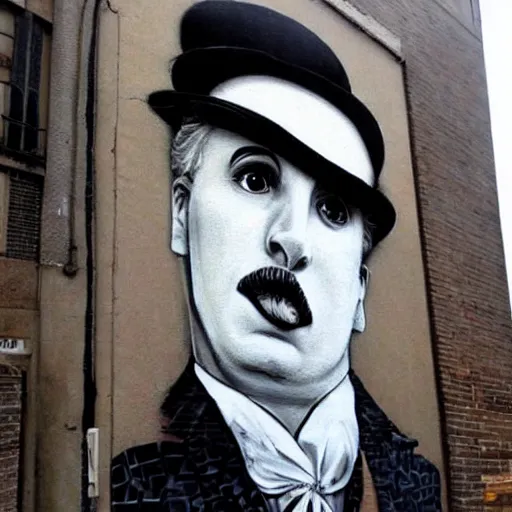 Image similar to Street-art portrait of Charlie Chaplin in style of Swoon