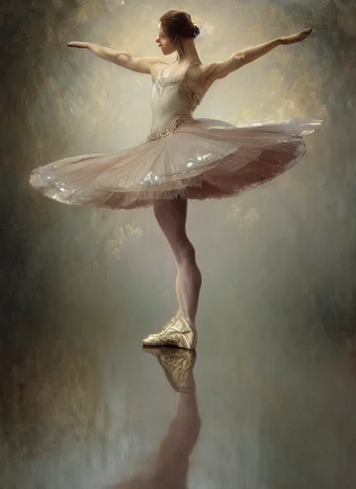 Prompt: a beautifull intricate oil painting of a dancing ballerina, reflexions, verry high details by william turner art, greg rutkowski and alphonse mucha, trending on artstation, very very detailed, masterpiece, muted colors