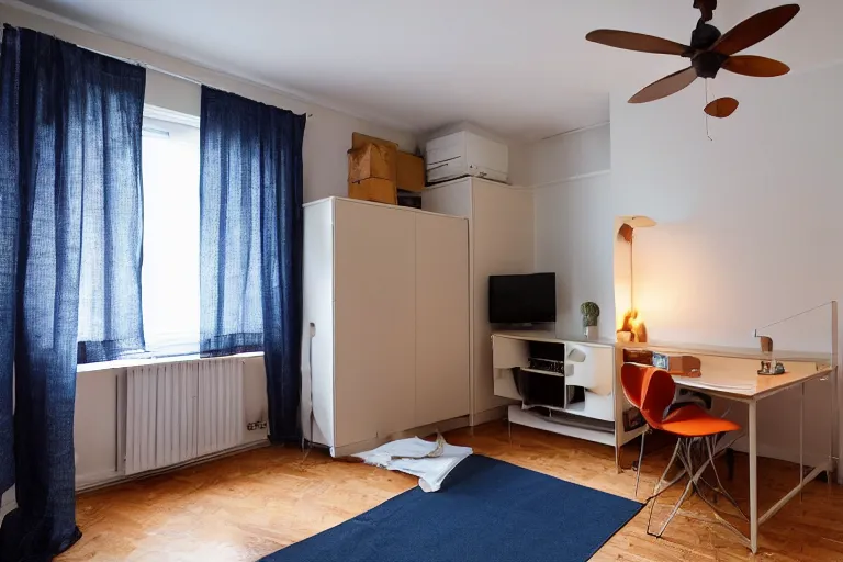 Image similar to an apartment with a small bed, big desk, two wooden wardrobes, a little wodden side table, a window, desk fan, table light, and an old TV, navy blue carpet, and a ceiling fan gives off a dim orange light